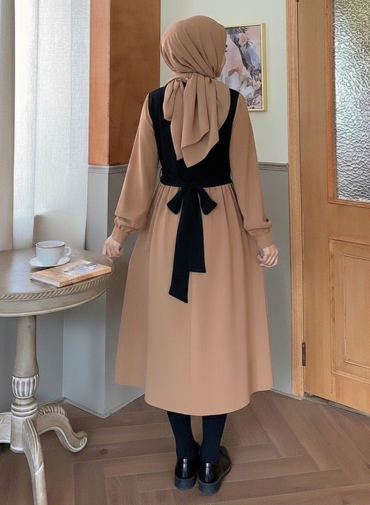 ايه ام فستان نسائي، تصميم خريفي جديد. فستان طويل أنيق على الطراز الفرنسي، بمقاسات كبيرة، يُبرز جمال القوام. - Image 3